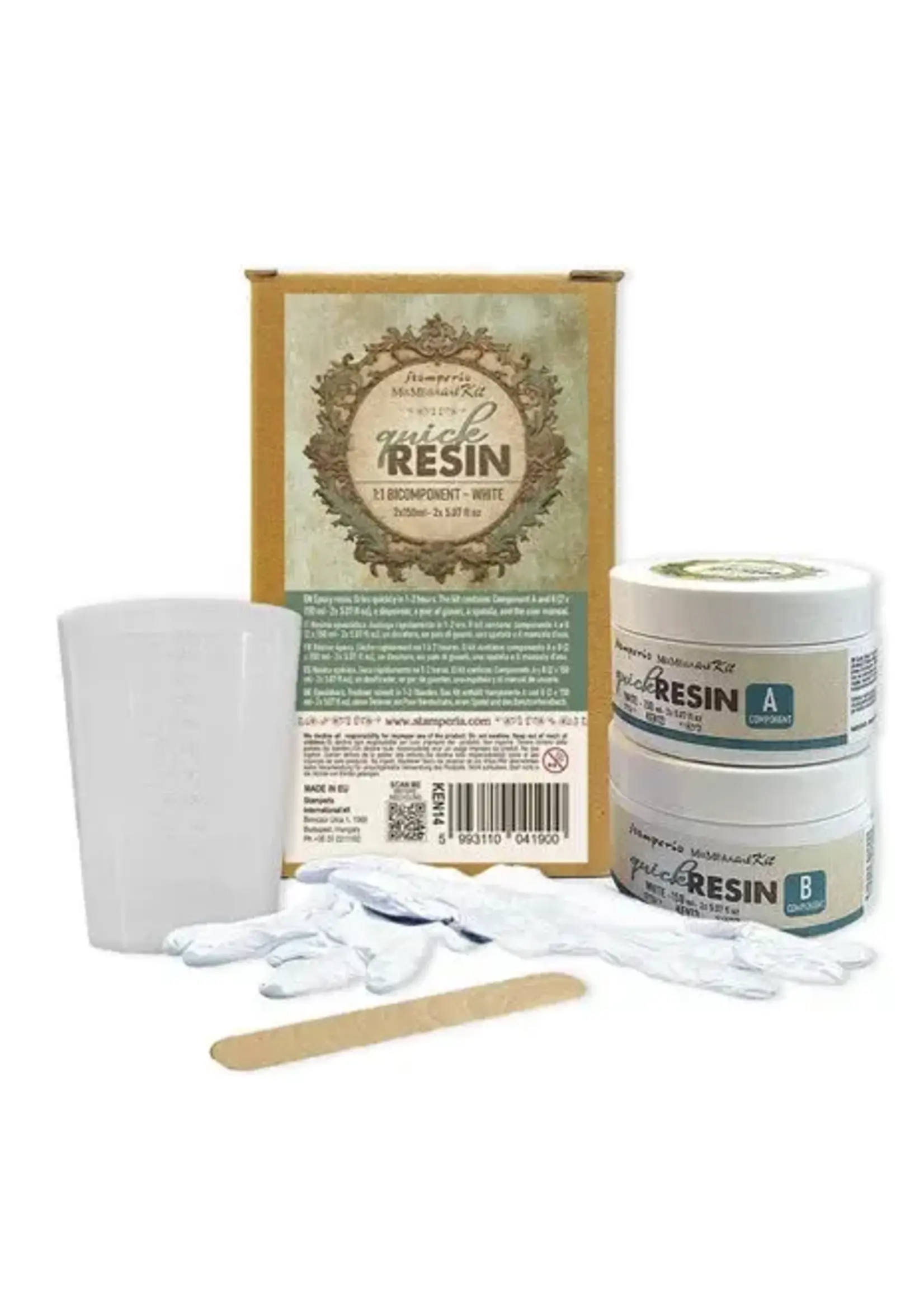 Quick Resin 1:1 Bicomponent White (2x150ml) (KEN14)  Epoxy resin that dries in 1-2 hours according to thickness. Inside: Component A and B ( 2x150ml - 2x5.07 fl oz), dispenser, pair of gloves, spatula and the user manual.