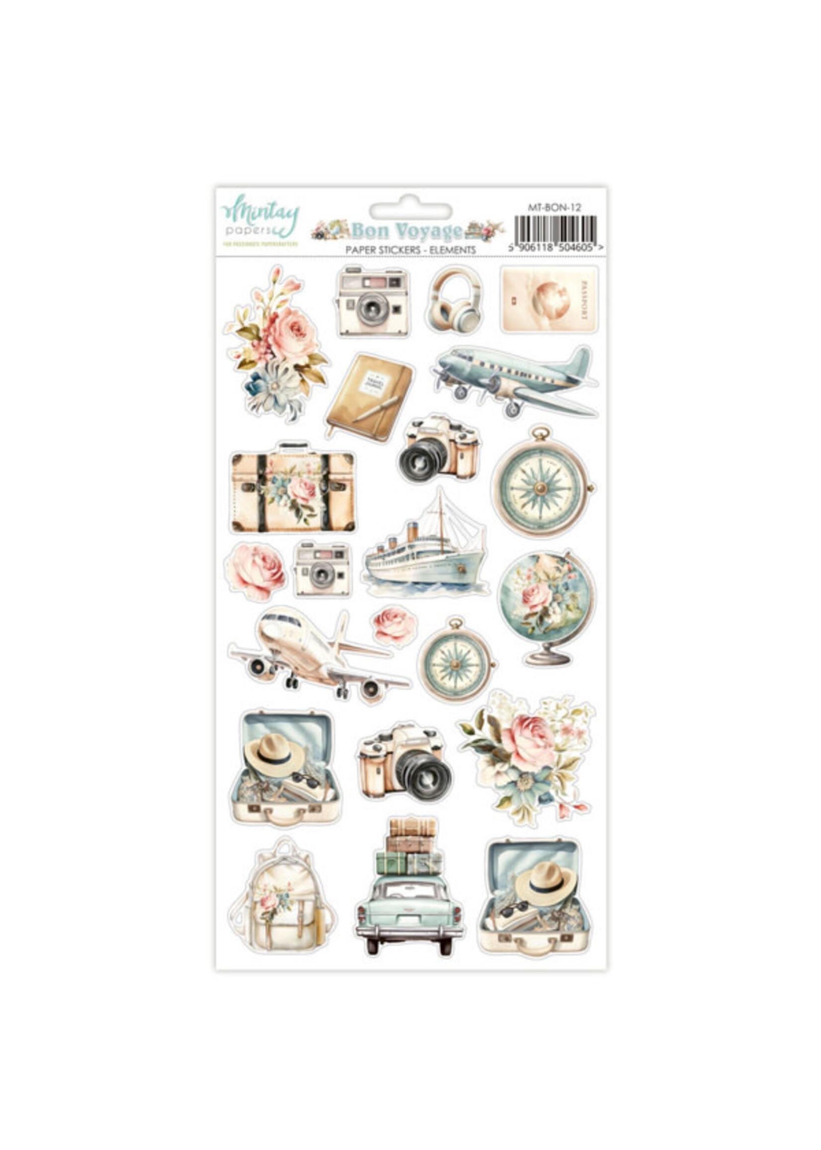 6 x 12 Papieren Stickers - Bon Voyage - Elementen