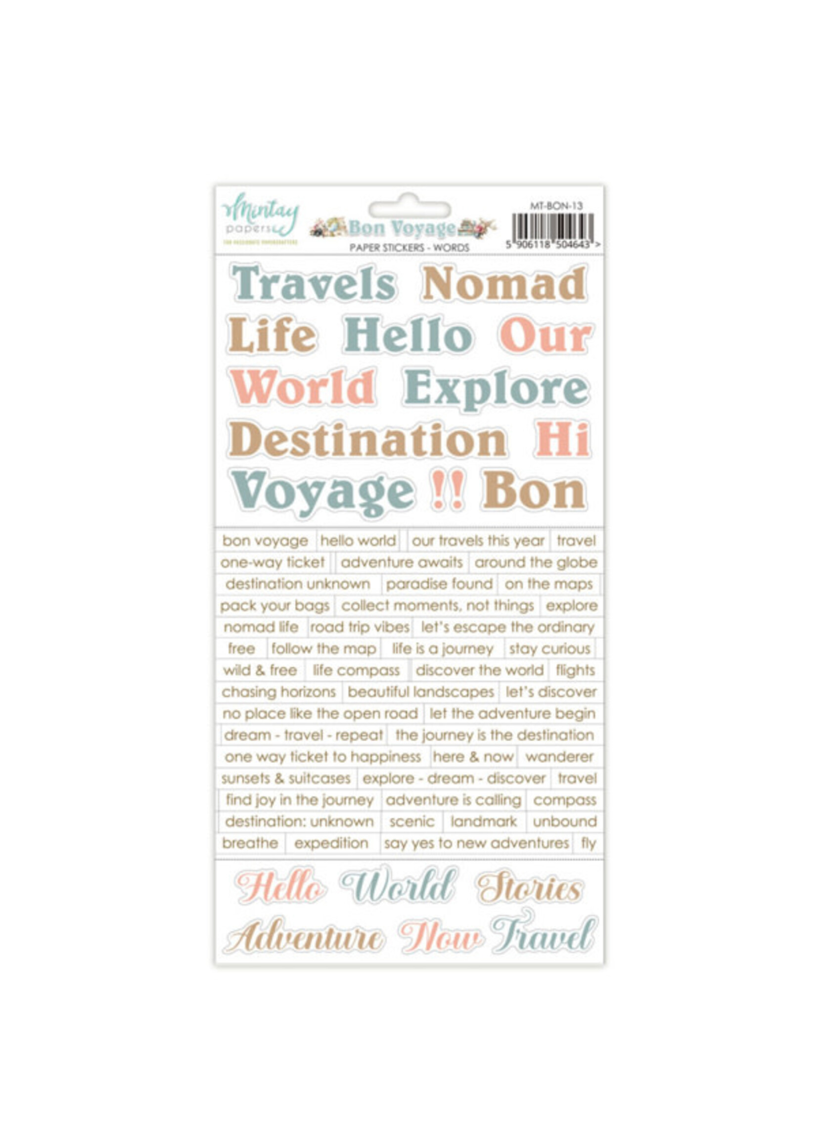 6 x 12 Papieren Stickers - Bon Voyage - Woorden