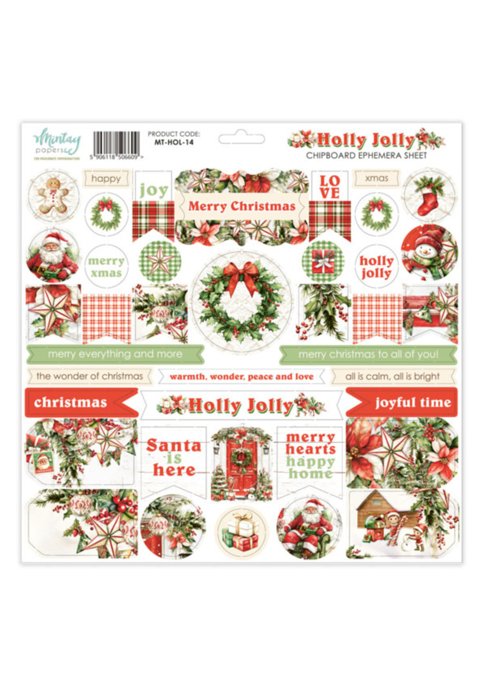 12 x 12 Chipboard Ephemera Sheet - Holly Jolly