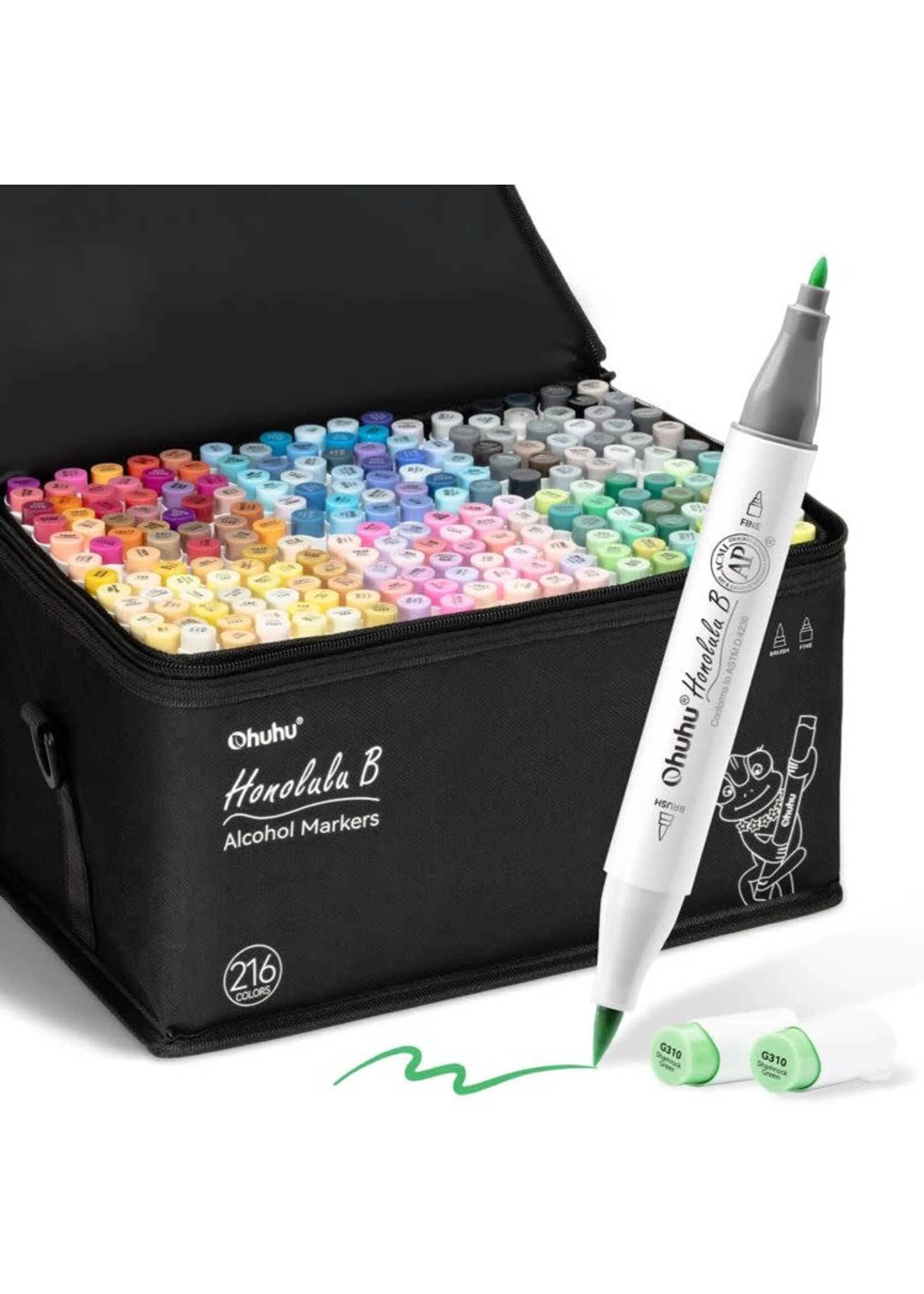 Ohuhu - Honolulu B - Alcohol Art Markers - Brush & Fine - Set 216 Levendige kleuren  Y30-80404-73