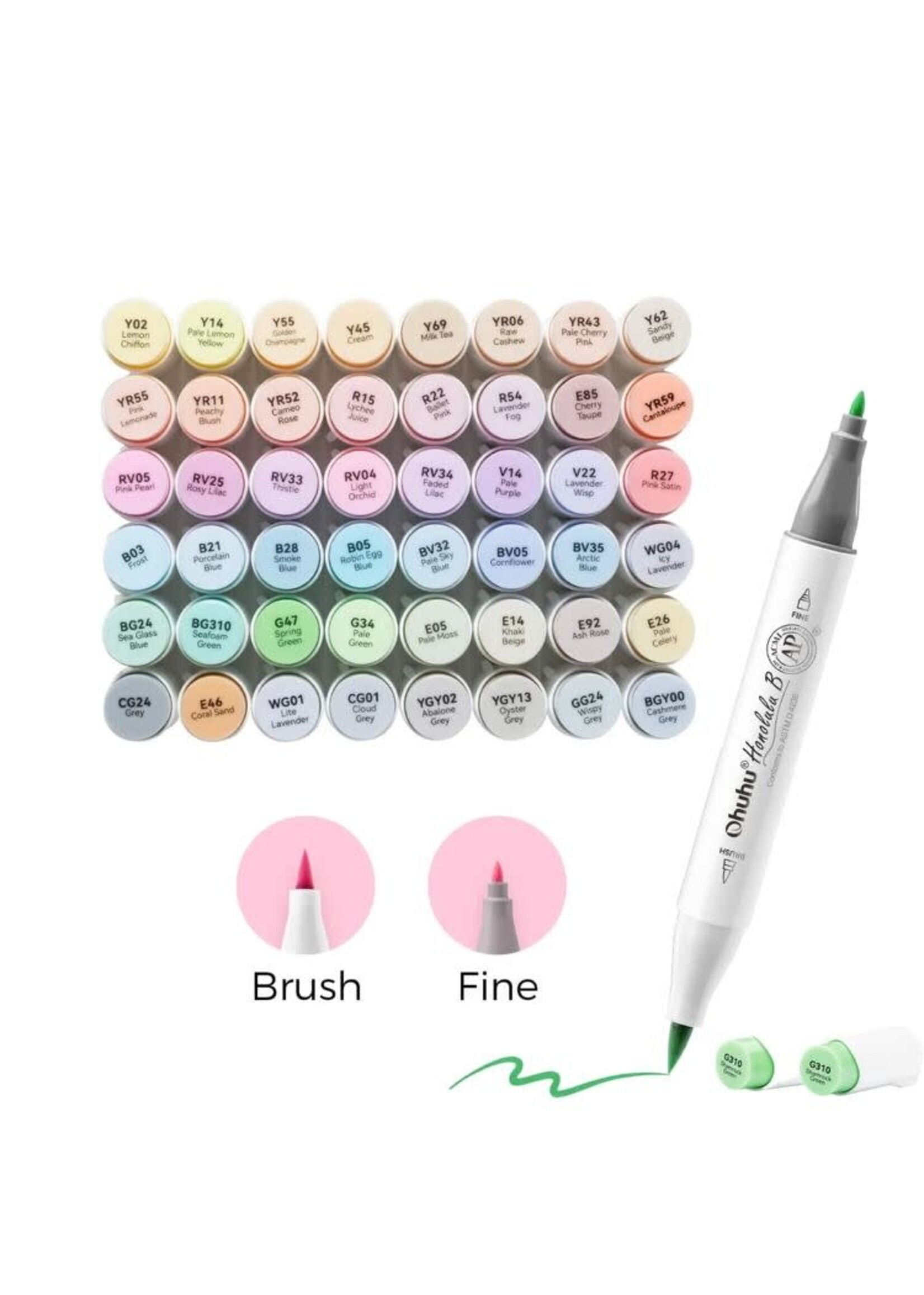 Ohuhu - Honolulu B - Alcohol Art Markers - Brush & Fine - Set 48 Pastel tinten  Y30-80404-65