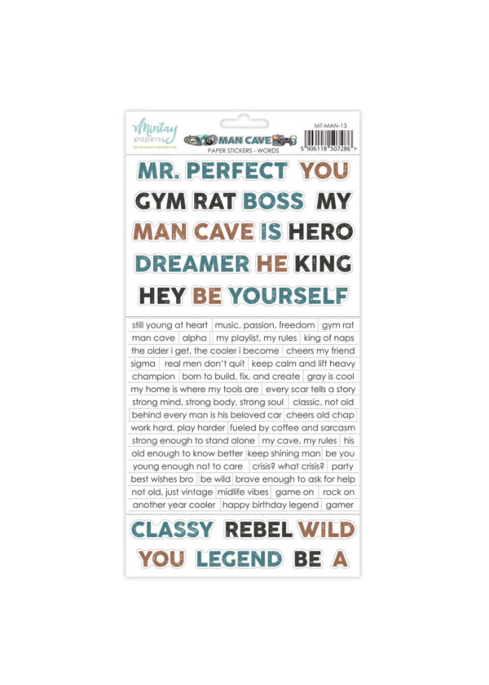 6 x 12 Papieren Stickers - Man Cave - Woorden