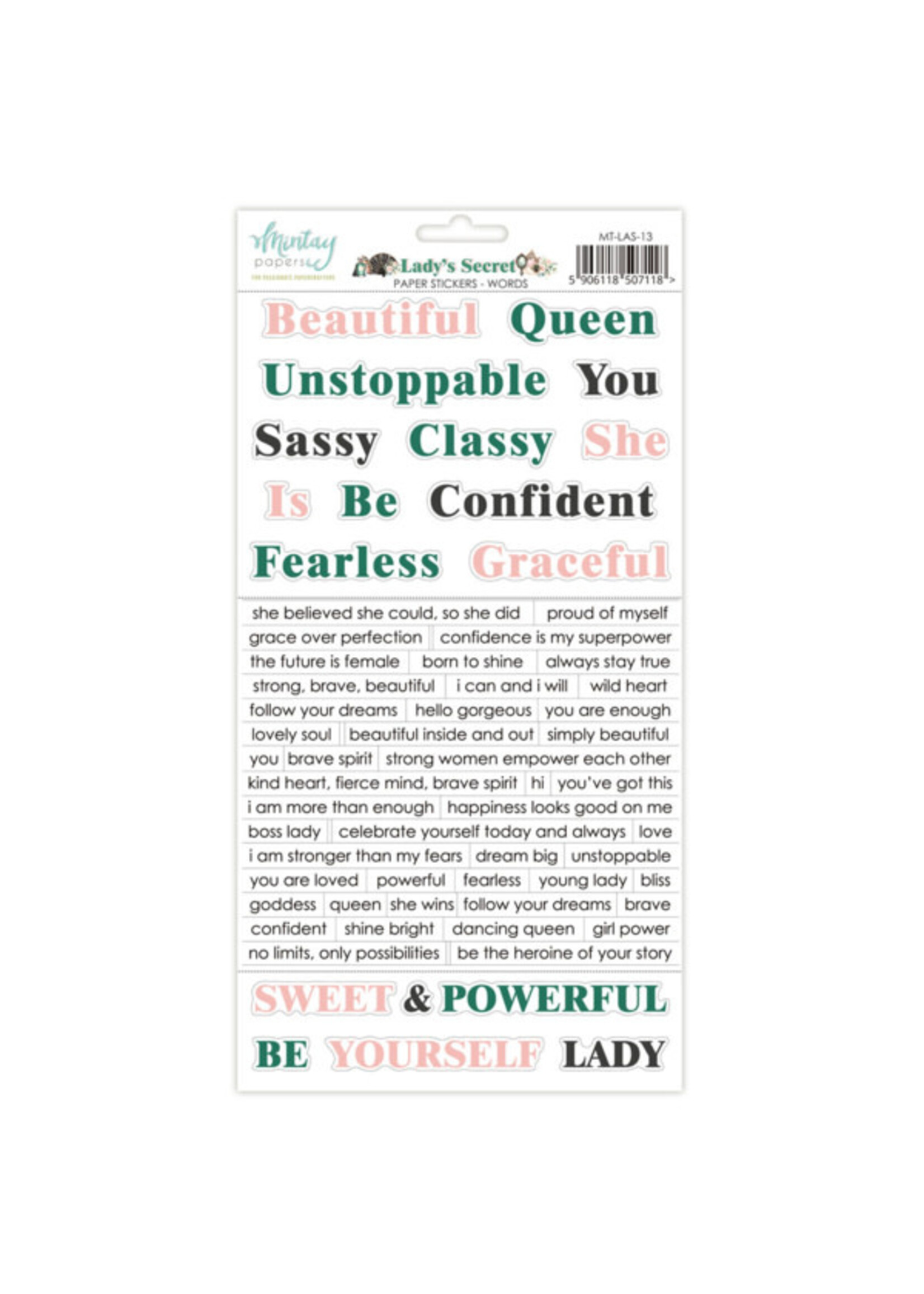 6 x 12 papieren stickers - Lady's Secret - Woorden