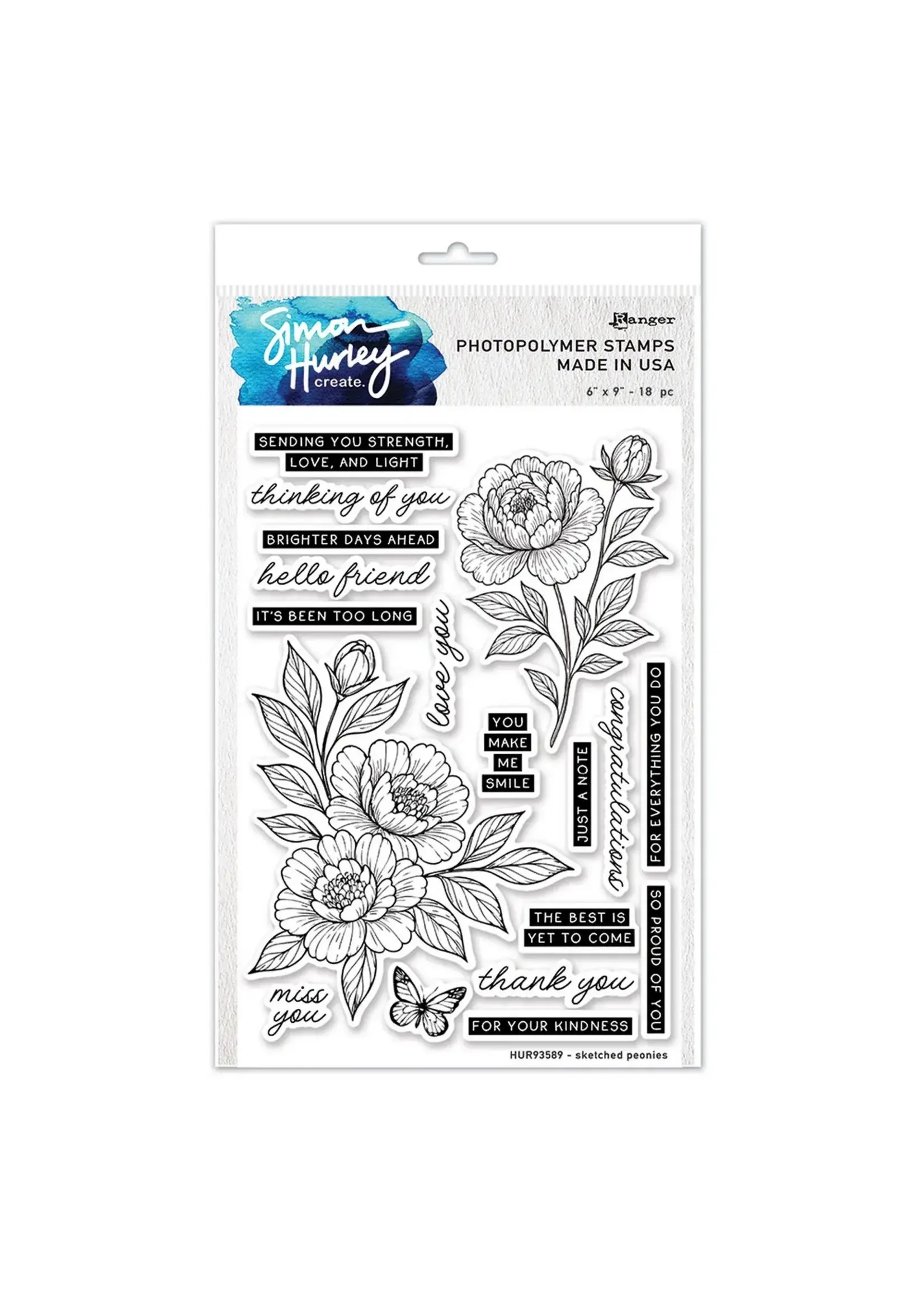 Ranger • Simon Hurley Create. Photopolymer Stamps Sketched Peonies Ranger Ink HUR93589