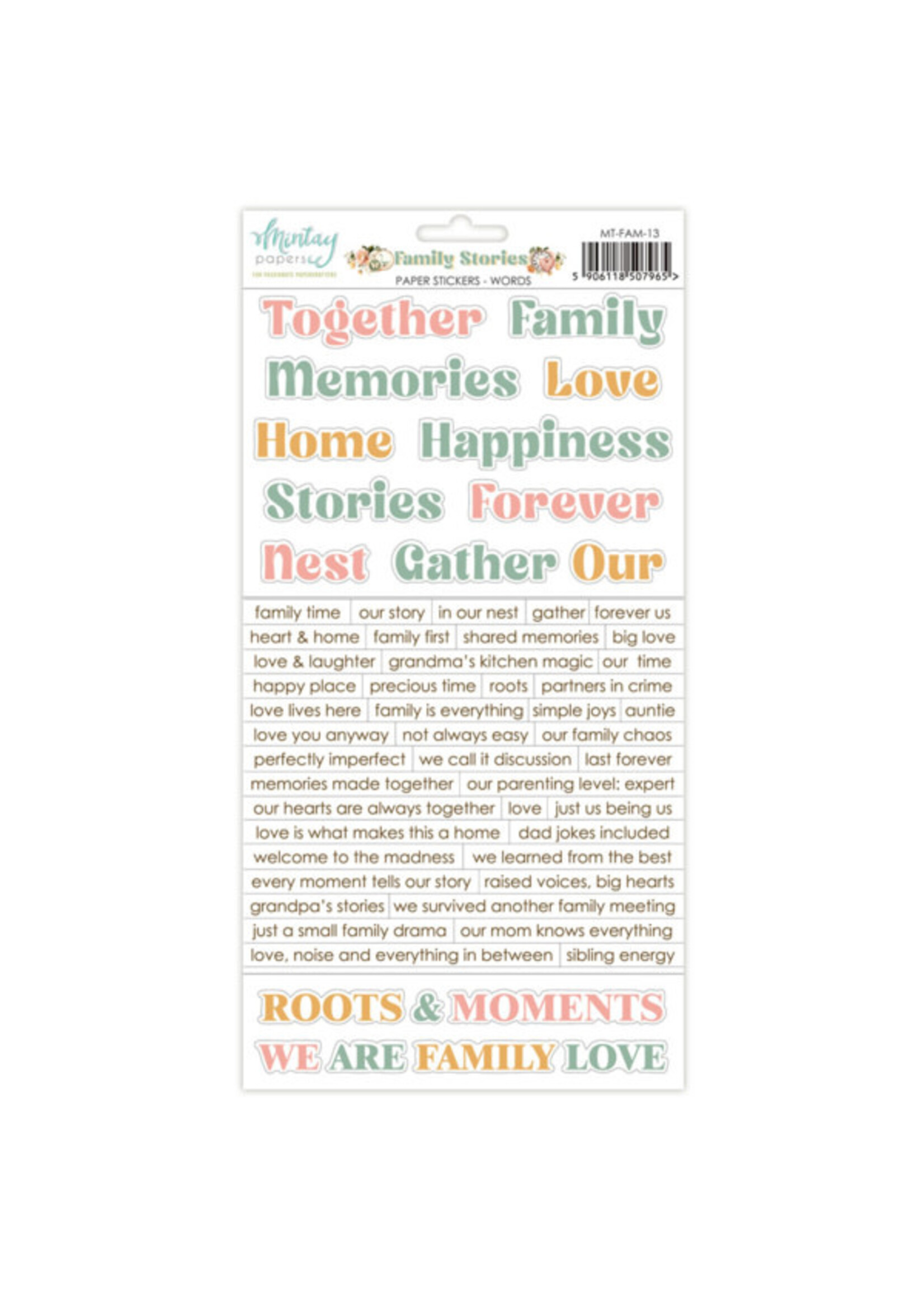 6 x 12 papieren stickers - Familieverhalen - Woorden