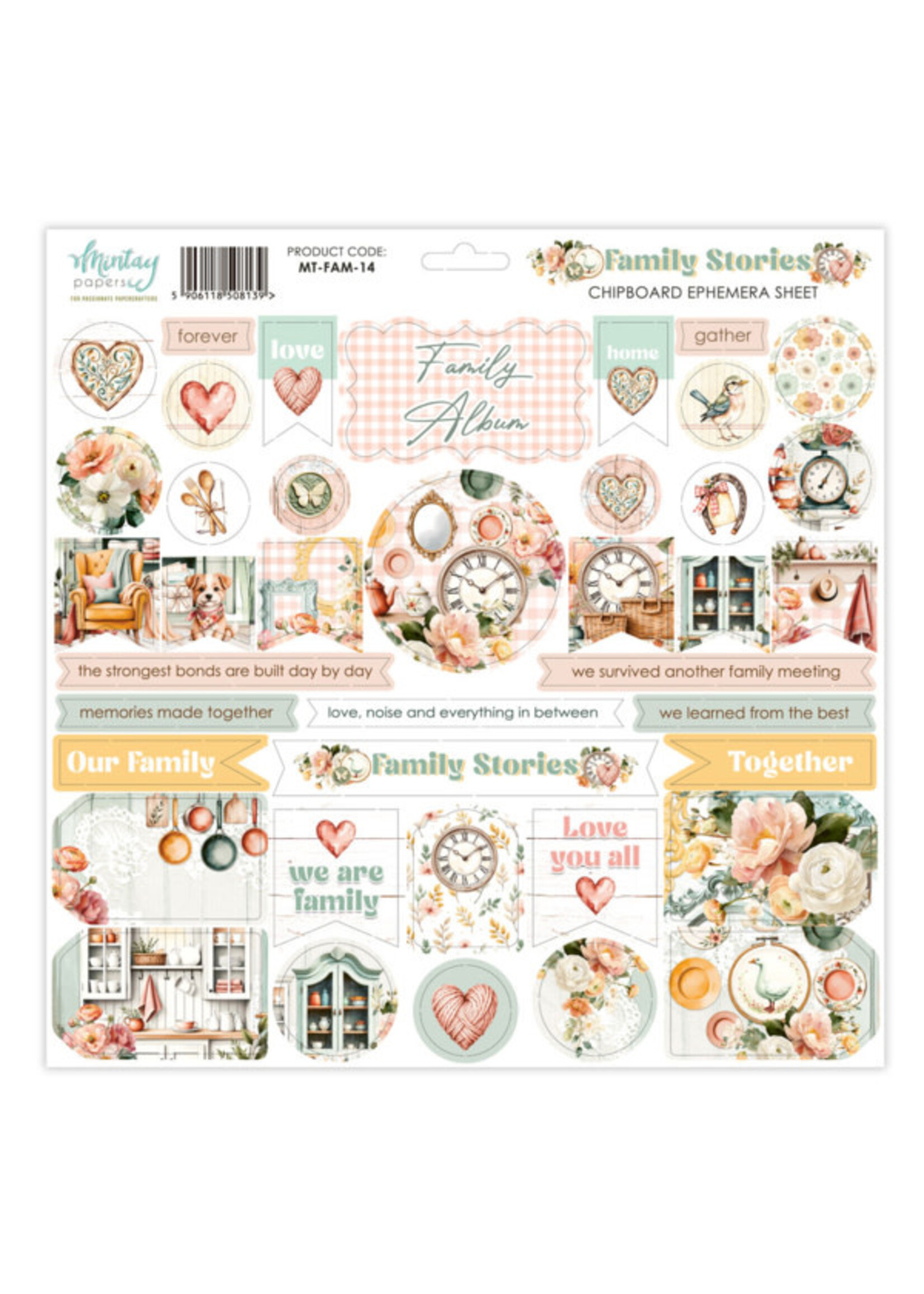 12 x 12 Stuk Karton Ephemera Vel - Familieverhalen