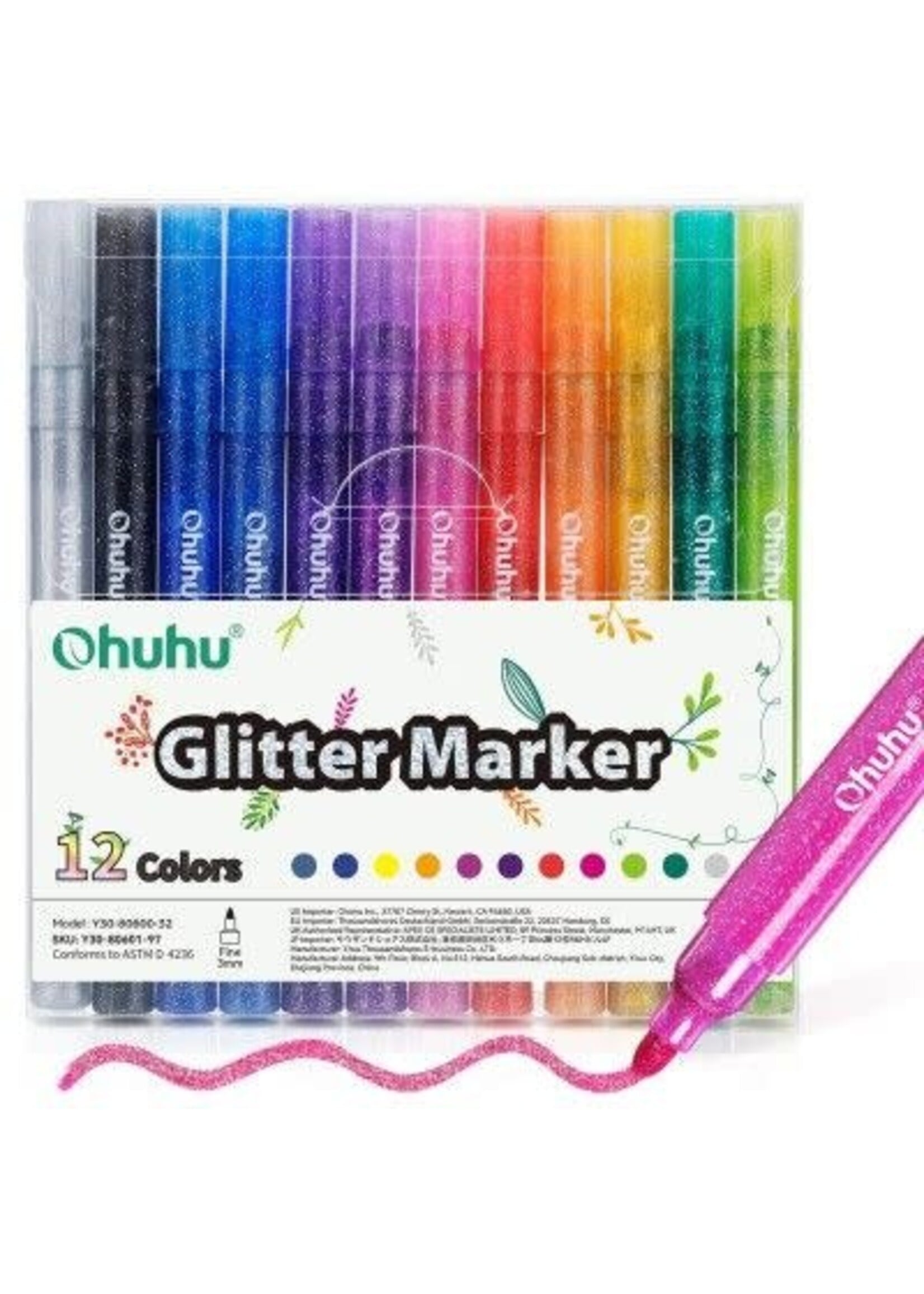 Ohuhu - Glitter Metallic Marker Pens – set van 12 - 3mm