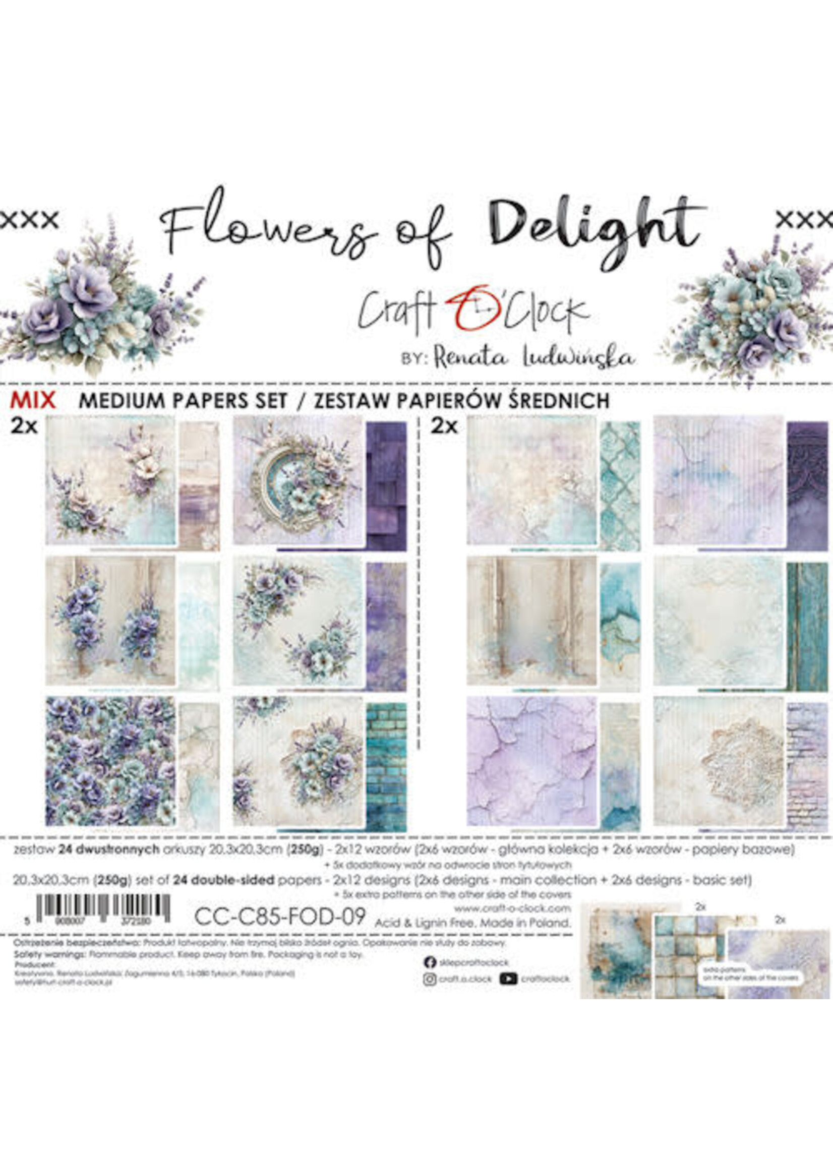 Craft O Clock Set of Mix Papers 20x20 cm Flowers of Delight