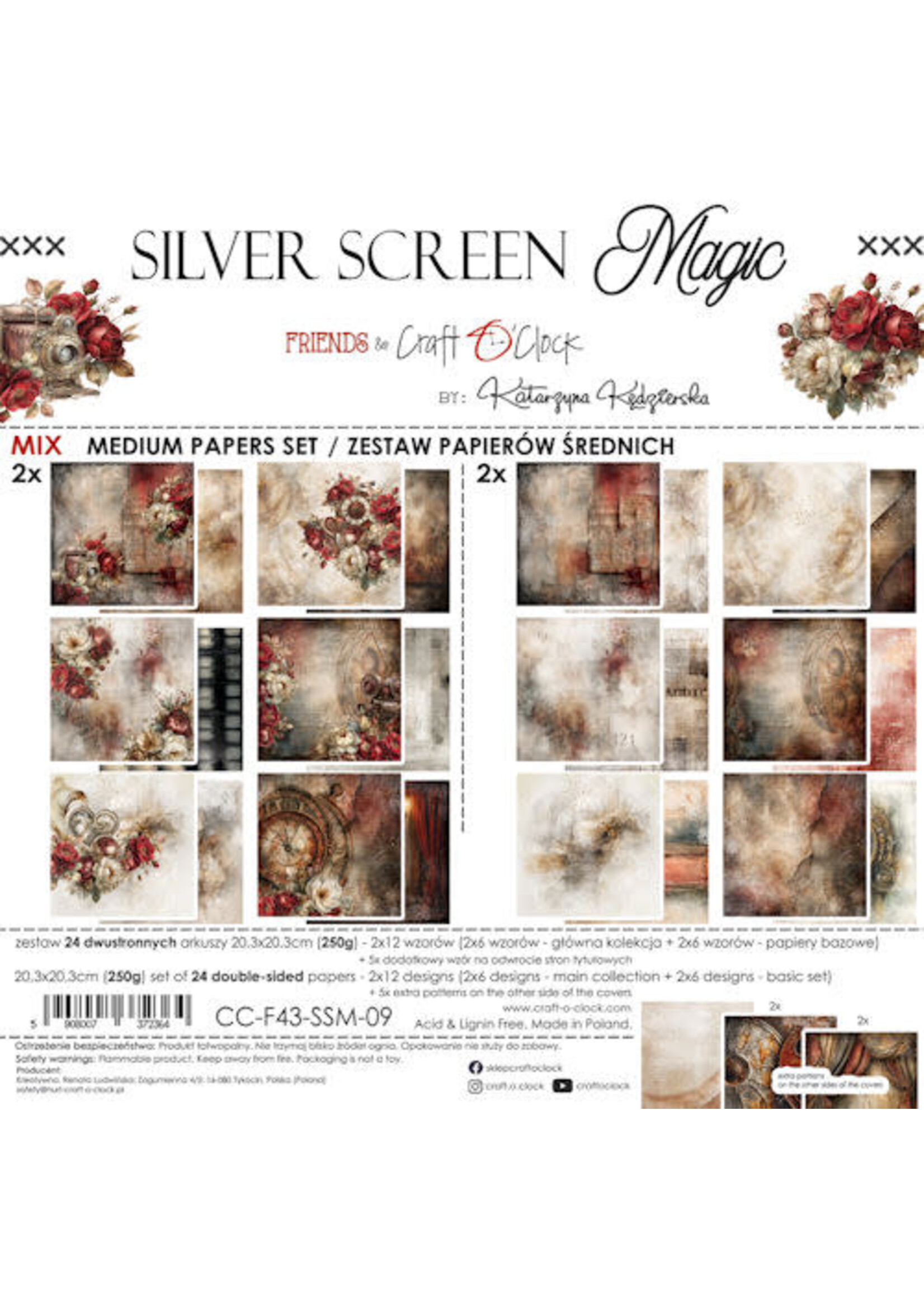 Craft O Clock Set of Mix Papers 20x20 cm Silver Screen Magic