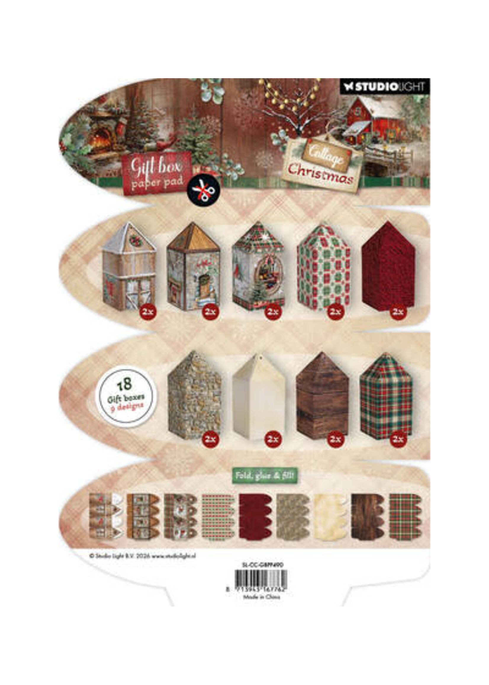 SL-CC-GBPP490 - StudioLight Cadeaudoos Papierblok – House Box Cottage Christmas nr. 490