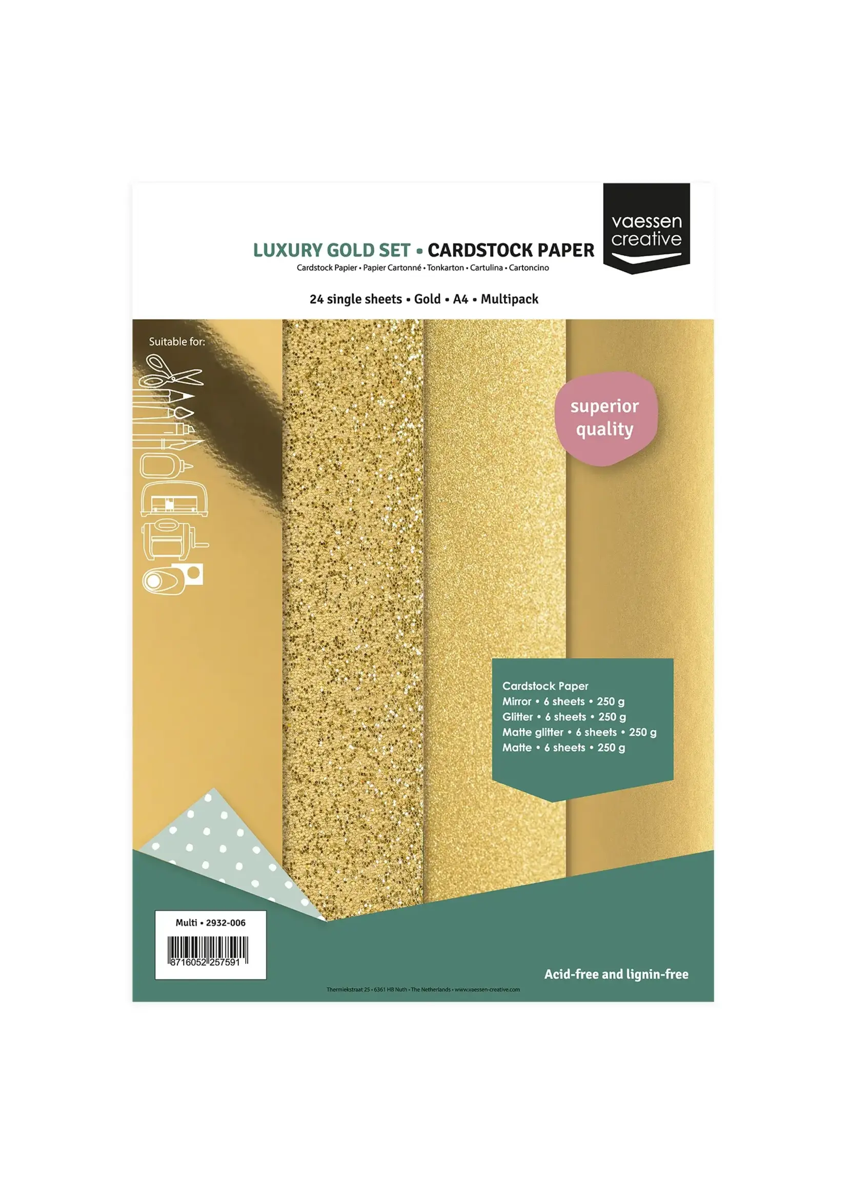 Vaessen Creative • Cardstock Papier 250g Textuur A4 Luxury Gold 24x Vaessen Creative 2932-006