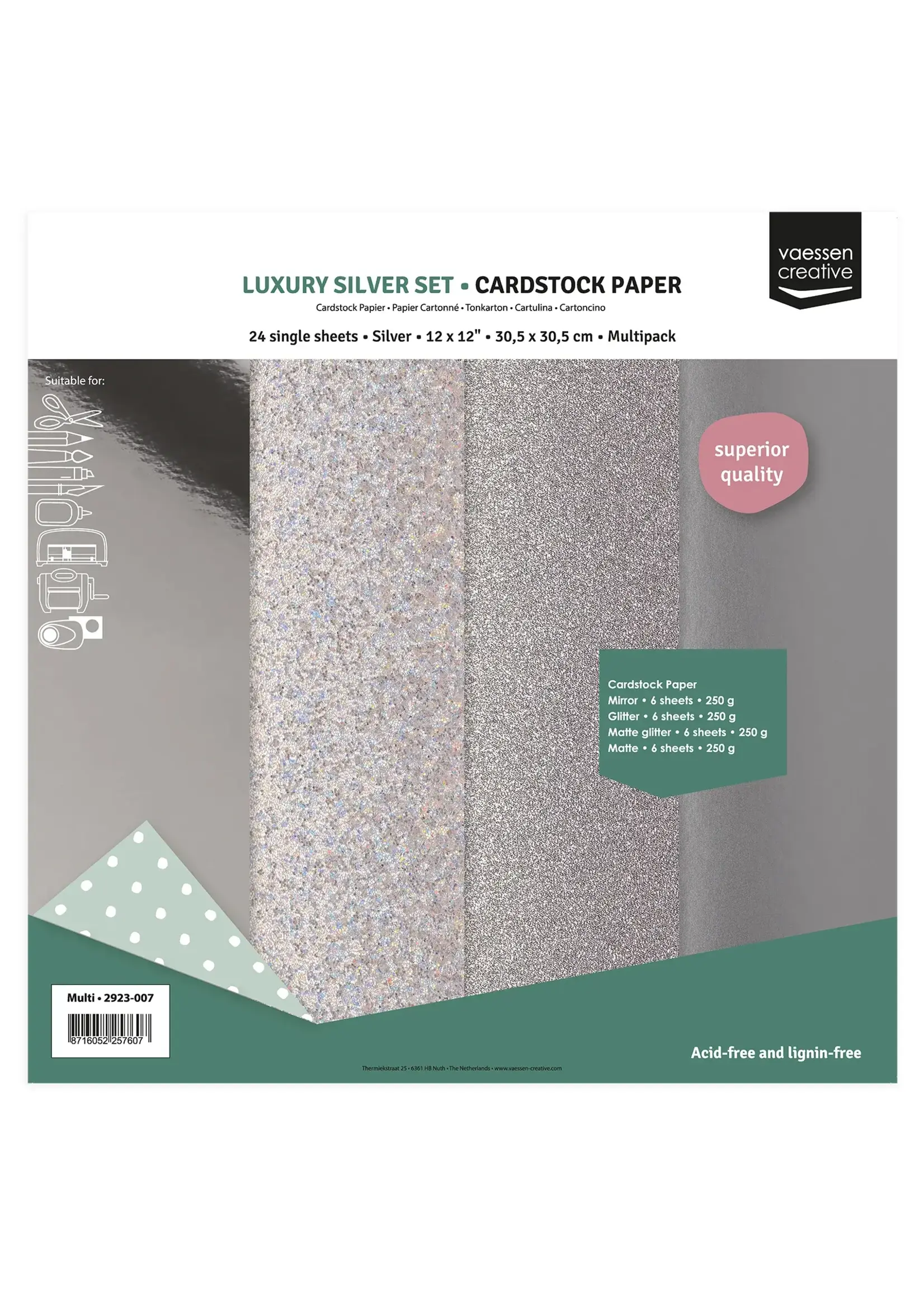 Vaessen Creative • Cardstock Papier 250g Textuur 30,5x30,5cm Luxury Silver 24x Vaessen Creative 2932-007