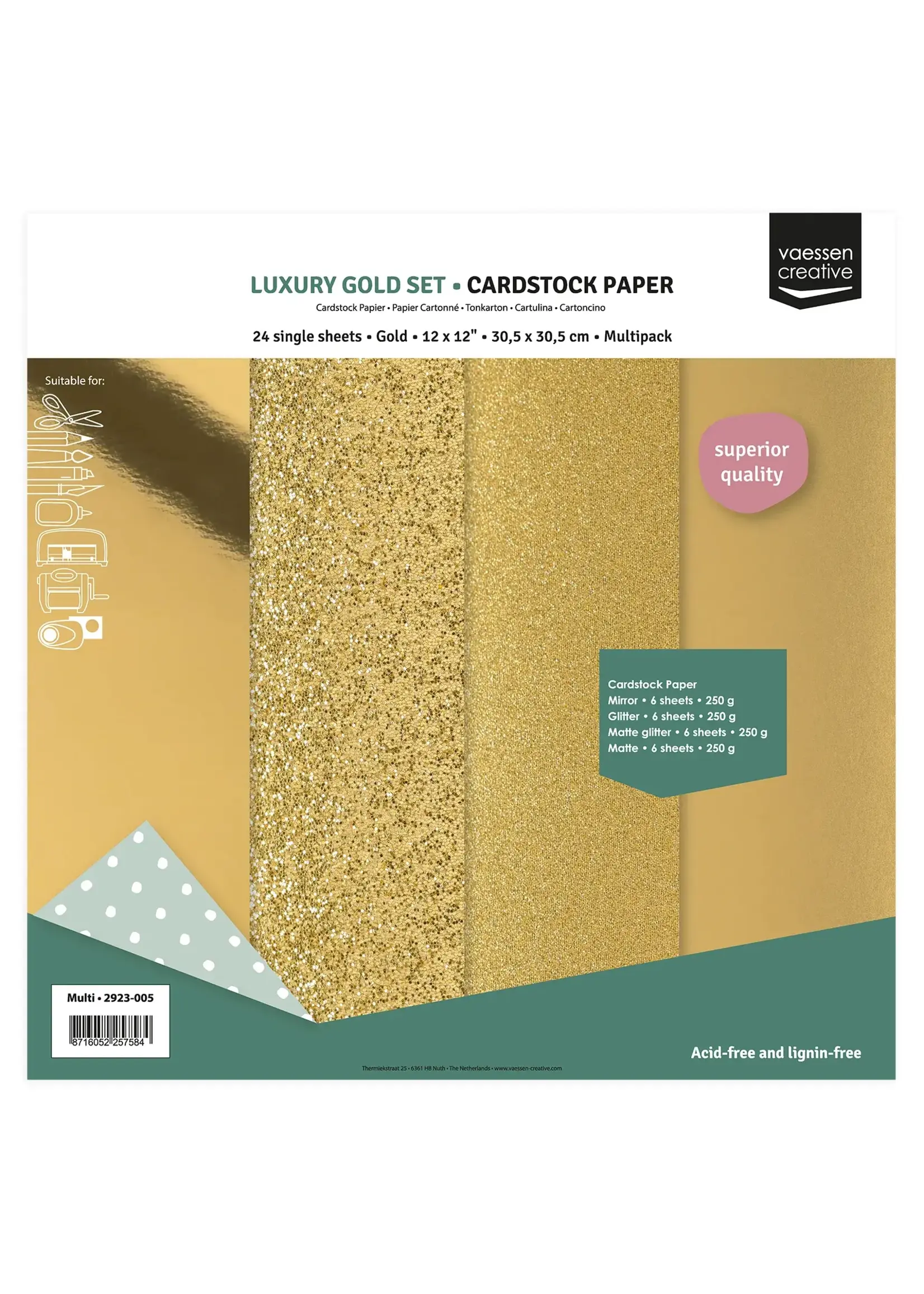 Vaessen Creative • Cardstock Papier 250g Textuur 30,5x30,5cm Luxury Gold 24x Vaessen Creative 2932-005