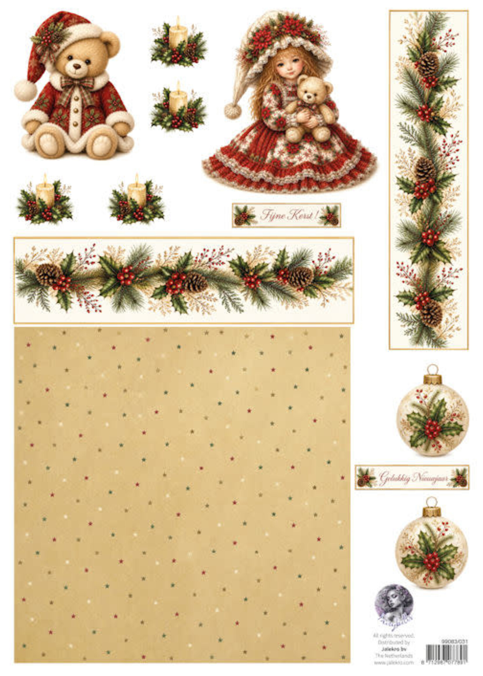 Fairybells combi knipvel voor pop-up en decoupage - kerst rood-beige # uitlevering start 31 au