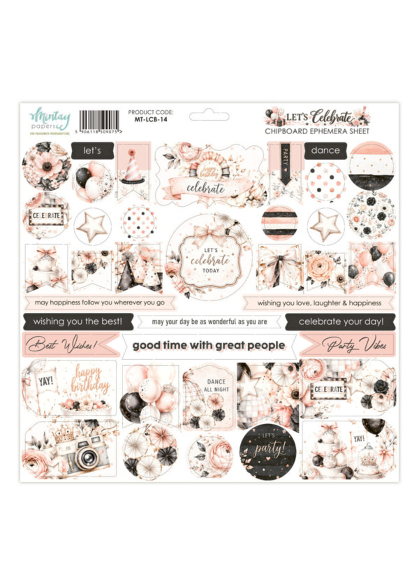 12 x 12 Chipboard Ephemera Vel - Laten we het vieren