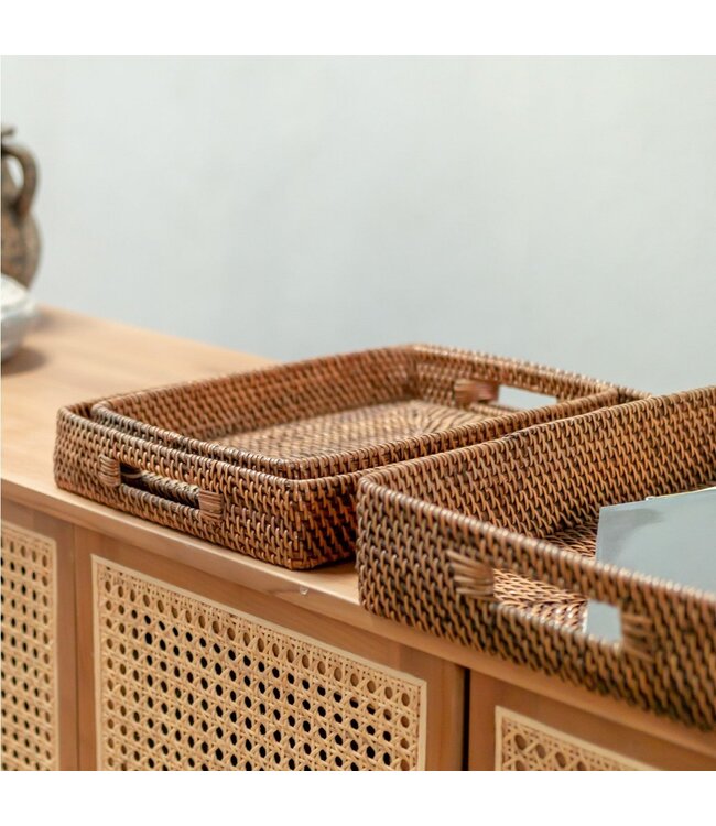 Soeji Rechthoekig rotan dienblad | Dienblad | Groot Decoratief Dienblad AMAHAI Bruin (3 maten)