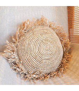 Soeji Rond Boho Kussen met Franjes Decoratief Kussen Ø40/50 cm Sierkussen van Raffia Bankkussen met Vulling TARAKAN beige
