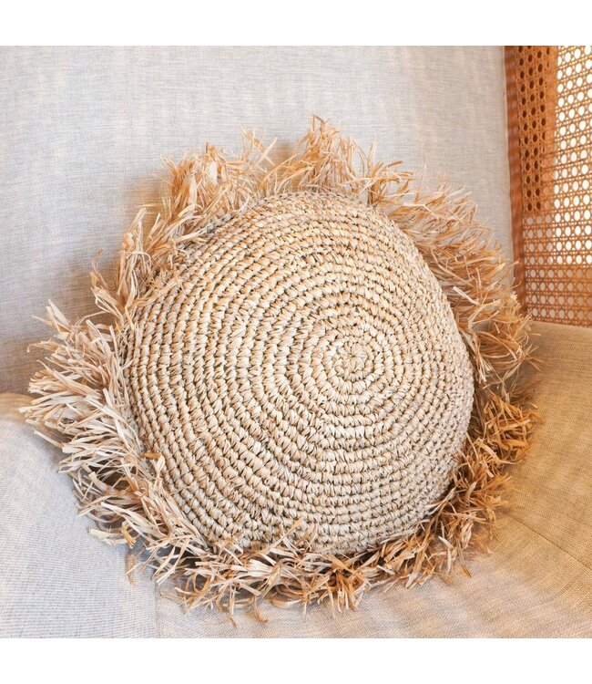 Soeji Rond Boho Kussen met Franjes Decoratief Kussen Ø40/50 cm Sierkussen van Raffia Bankkussen met Vulling TARAKAN beige