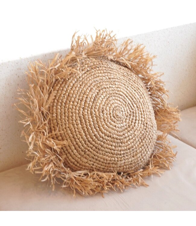 Soeji Rond Boho Kussen met Franjes Decoratief Kussen Ø40/50 cm Sierkussen van Raffia Bankkussen met Vulling TARAKAN beige