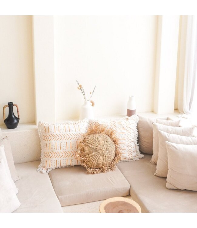 Soeji Rond Boho Kussen met Franjes Decoratief Kussen Ø40/50 cm Sierkussen van Raffia Bankkussen met Vulling TARAKAN beige