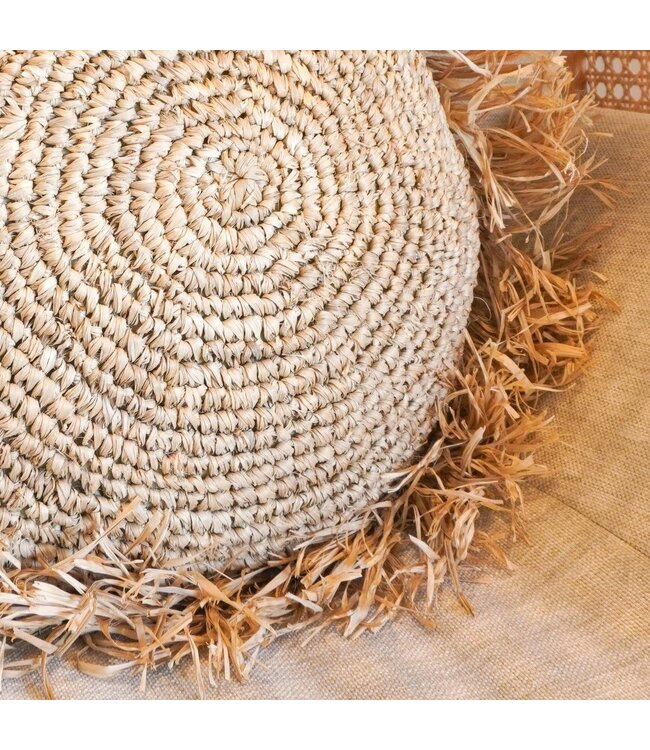 Soeji Rond Boho Kussen met Franjes Decoratief Kussen Ø40/50 cm Sierkussen van Raffia Bankkussen met Vulling TARAKAN beige