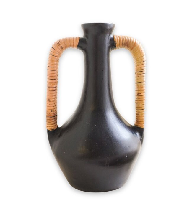 Soeji Vaas Zwarte kleine decoratieve vaas, handgegoten uit klei voor gedroogde of verse bloemen SELAYAR