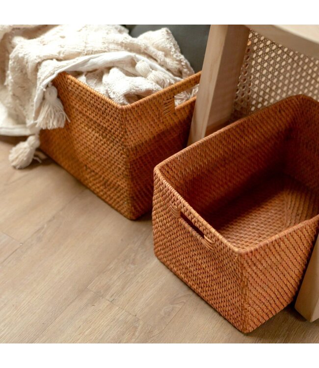 Soeji Plankmand gemaakt van rotan Krantenmand Opbergmand Bruin Handgeweven decoratieve mand WARSA (3 maten)