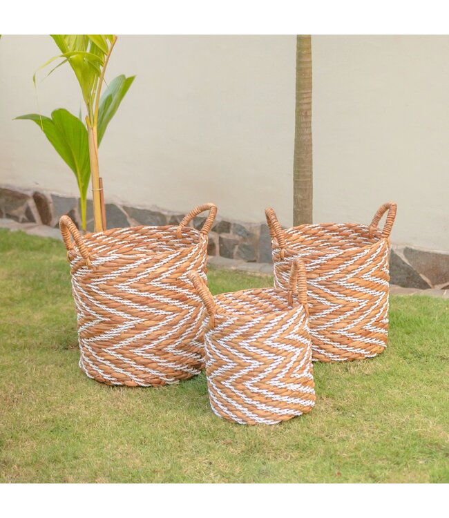 Soeji Rond geweven mand met gestreept patroon YALIMO gemaakt van waterhyacint (3 maten)