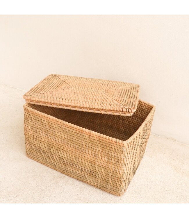 Soeji Opbergmand met deksel Plankmand gemaakt van beige rotan handgeweven decoratieve mand GRAHA (2 maten)