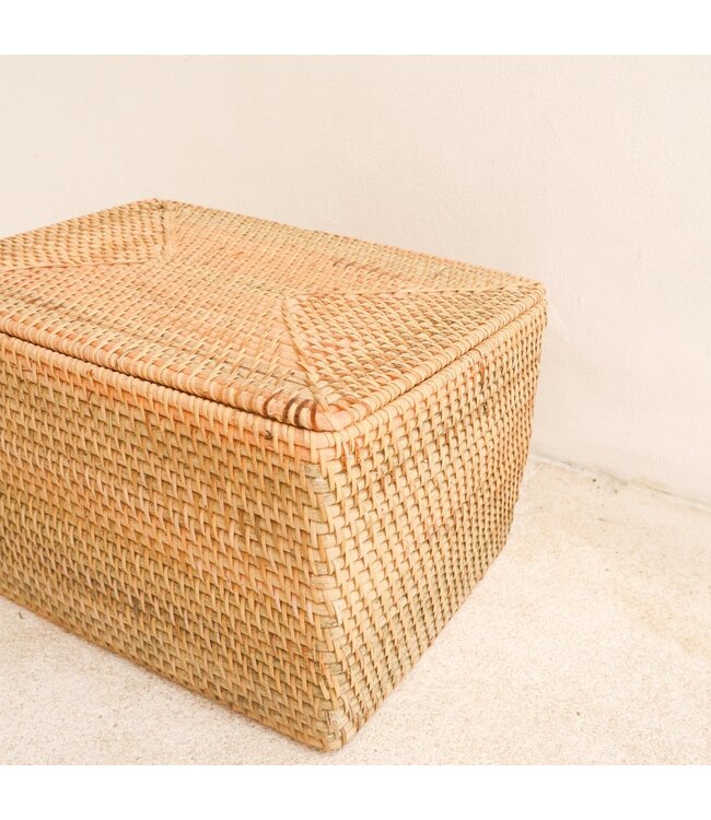 Soeji Opbergmand met deksel Plankmand gemaakt van beige rotan handgeweven decoratieve mand GRAHA (2 maten)