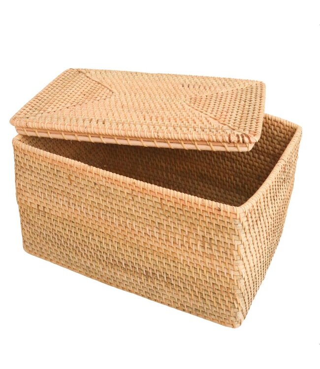 Soeji Opbergmand met deksel Plankmand gemaakt van beige rotan handgeweven decoratieve mand GRAHA (2 maten)