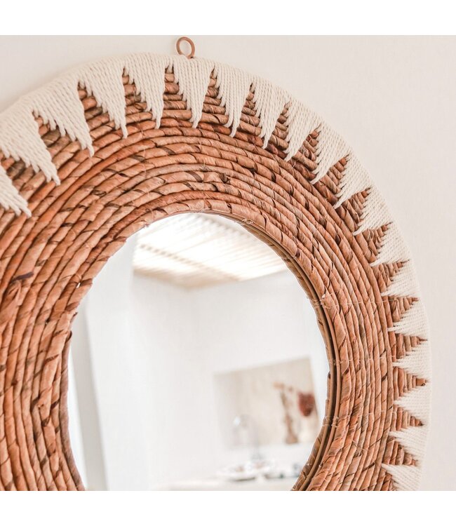 Soeji Ronde Boho Spiegel 60 cm | Handgemaakte geweven wandspiegel AWAN | Wanddecoratie met patroon gemaakt van katoenen koorden