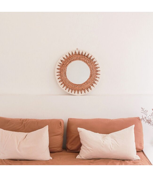Soeji Ronde Boho Spiegel 60 cm | Handgemaakte geweven wandspiegel AWAN | Wanddecoratie met patroon gemaakt van katoenen koorden
