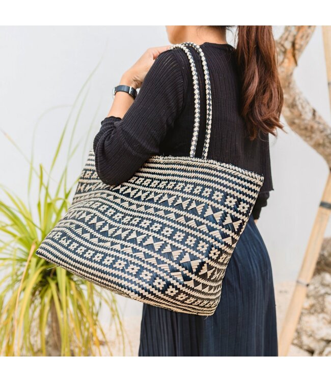 Soeji Boho Tote Bag – Zeegras Zomertas – Schouder Strandtas – Geweven Natuurlijke Tas – Grote Boho Boodschappentas KIDUL (zwart)