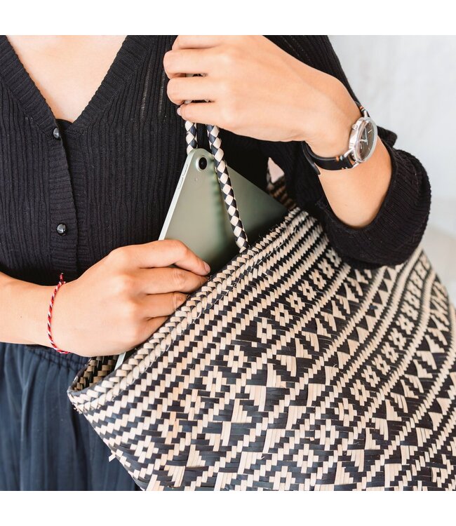 Soeji Boho Tote Bag – Zeegras Zomertas – Schouder Strandtas – Geweven Natuurlijke Tas – Grote Boho Boodschappentas KIDUL (zwart)