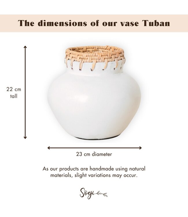Soeji Witte vaas – decoratieve vaas rond – kleine vaas voor gedroogde bloemen – handgemaakte kleivaas – bloemenvaas van klei en rotan (Ø 23 cm) TUBAN