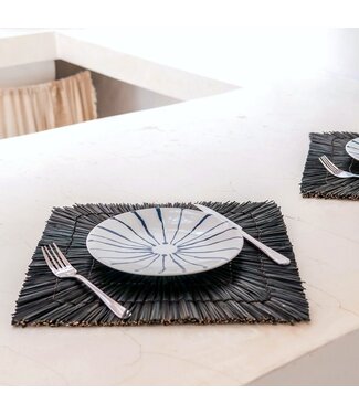 Soeji Zwart zeegras placemat (set van 2, 4 of 6) 36 cm | Rechthoekige vierkante tafelmat VARNA (zwart)