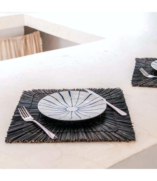 Soeji Zwart zeegras placemat (set van 2, 4 of 6) 36 cm | Rechthoekige vierkante tafelmat VARNA (zwart)