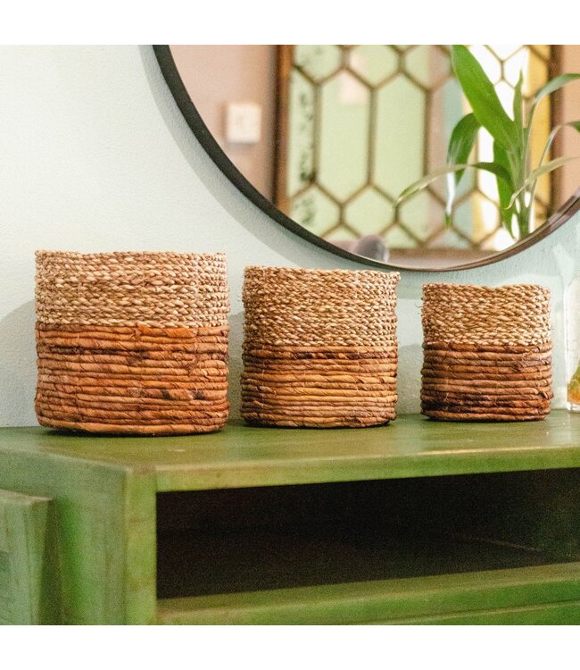 Soeji Kleine zeegrasmand BHINNEKA (tweekleurig) | Plantenmand | Kleine opbergmand | Geweven Boho-mand | Plantenbak | Decoratieve mand | Ronde bloemenmand