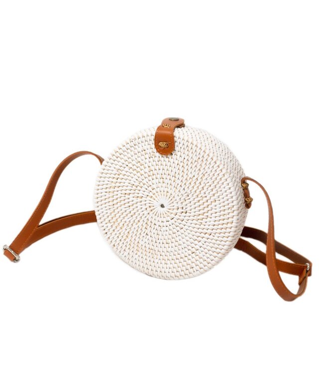 Soeji Ronde rotan tas witte handgemaakte crossbody tas met synthetische lederen riemen schoudertas Boho Bali tas SENJA (wit)