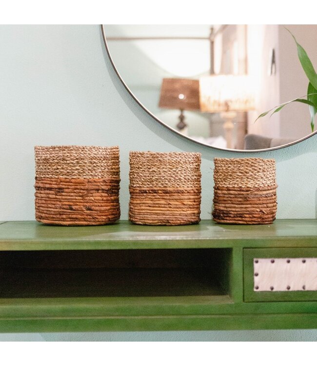 Soeji Kleine zeegrasmand BHINNEKA (tweekleurig) | Plantenmand | Kleine opbergmand | Geweven Boho-mand | Plantenbak | Decoratieve mand | Ronde bloemenmand