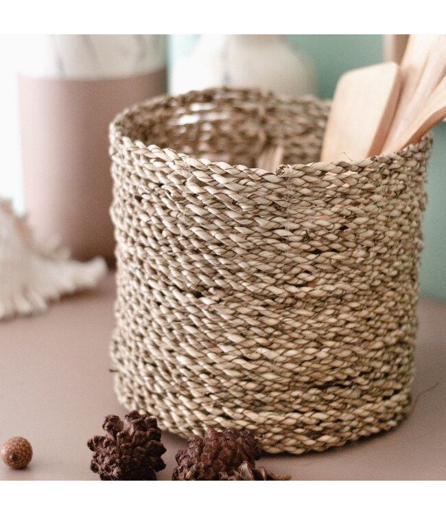 Soeji Kleine Zeegras Mand BHINNEKA | Plantenmand | Geweven Boho Mand | Plantenbak | Decoratieve mand | Kleine Opbergmand | Ronde bloemenmand