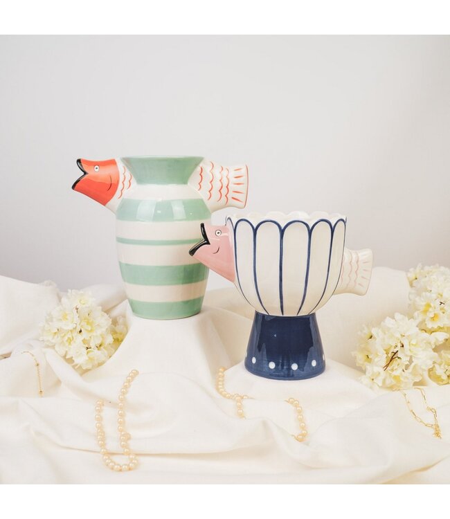 Housevitamin Vaas - visdolomiet -BLUE/WIT/PINK -21X13.5X18CM