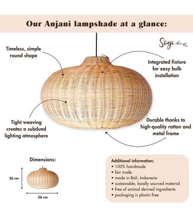Grote rotan -lampenkap - ronde boho hanglamp - handgemaakte rotan hangende lamp - natuurlijke vezels geweven lampenkap (Ø 56 cm) anjani