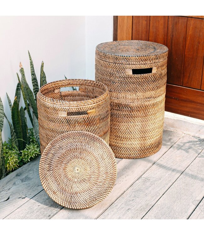 Grote wasmand met deksel - geweven ronde mand - bruine boho opslagmand - decoratieve rotan mand (2 maten Ø 36/40 cm) sari (bruin)