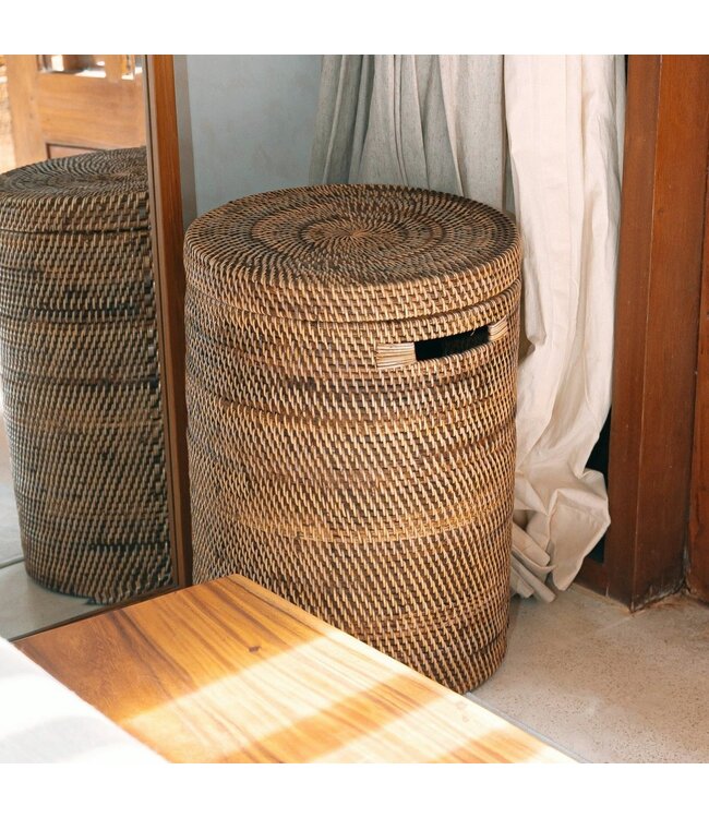 Grote wasmand met deksel - geweven ronde mand - bruine boho opslagmand - decoratieve rotan mand (2 maten Ø 36/40 cm) sari (bruin)