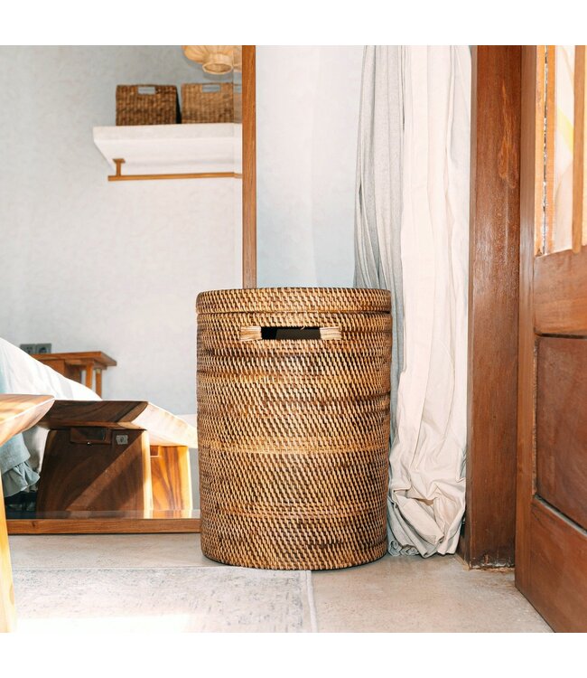 Grote wasmand met deksel - geweven ronde mand - bruine boho opslagmand - decoratieve rotan mand (2 maten Ø 36/40 cm) sari (bruin)