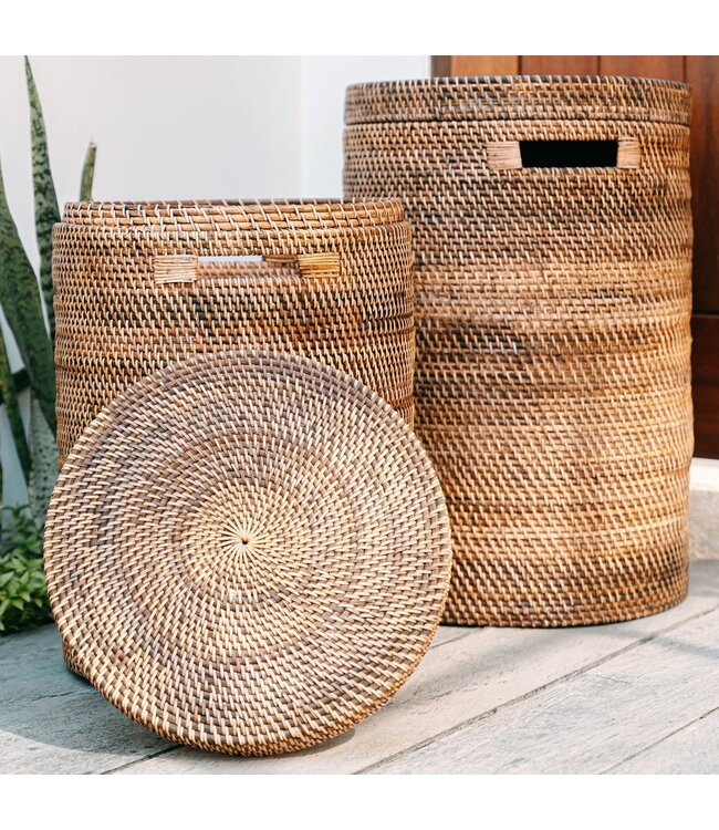 Grote wasmand met deksel - geweven ronde mand - bruine boho opslagmand - decoratieve rotan mand (2 maten Ø 36/40 cm) sari (bruin)
