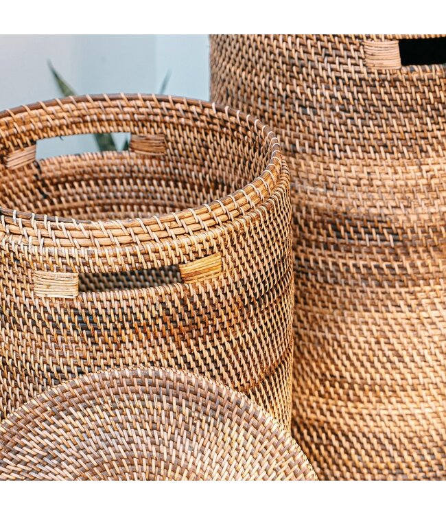 Grote wasmand met deksel - geweven ronde mand - bruine boho opslagmand - decoratieve rotan mand (2 maten Ø 36/40 cm) sari (bruin)